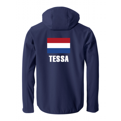 Hippische trainingsdagen softshell jack | Met logo voor en naam achter (versie 1)